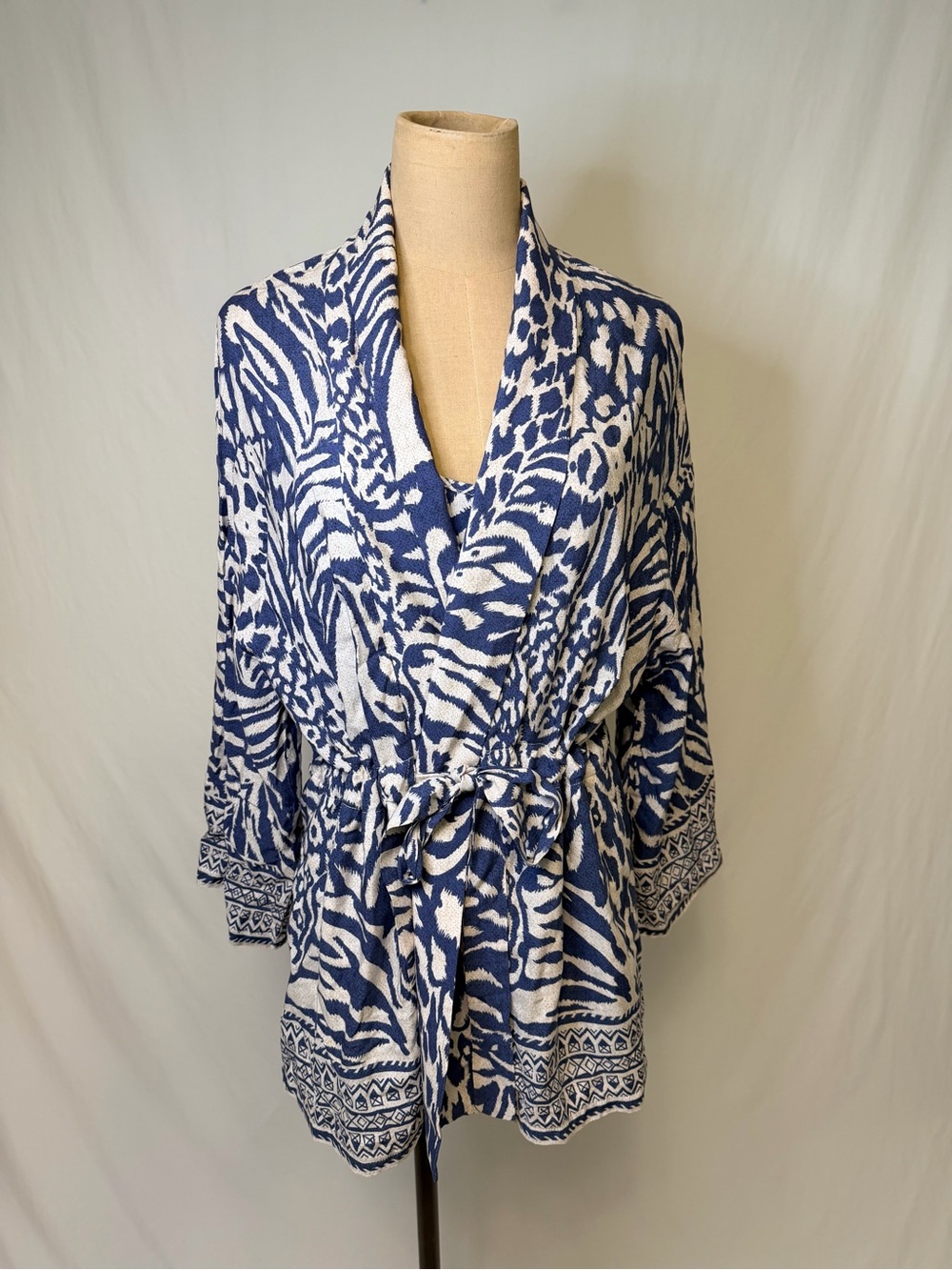 Molly Bracken Navy and White Printed Shawl-Collar Wrap Top and matching camisole